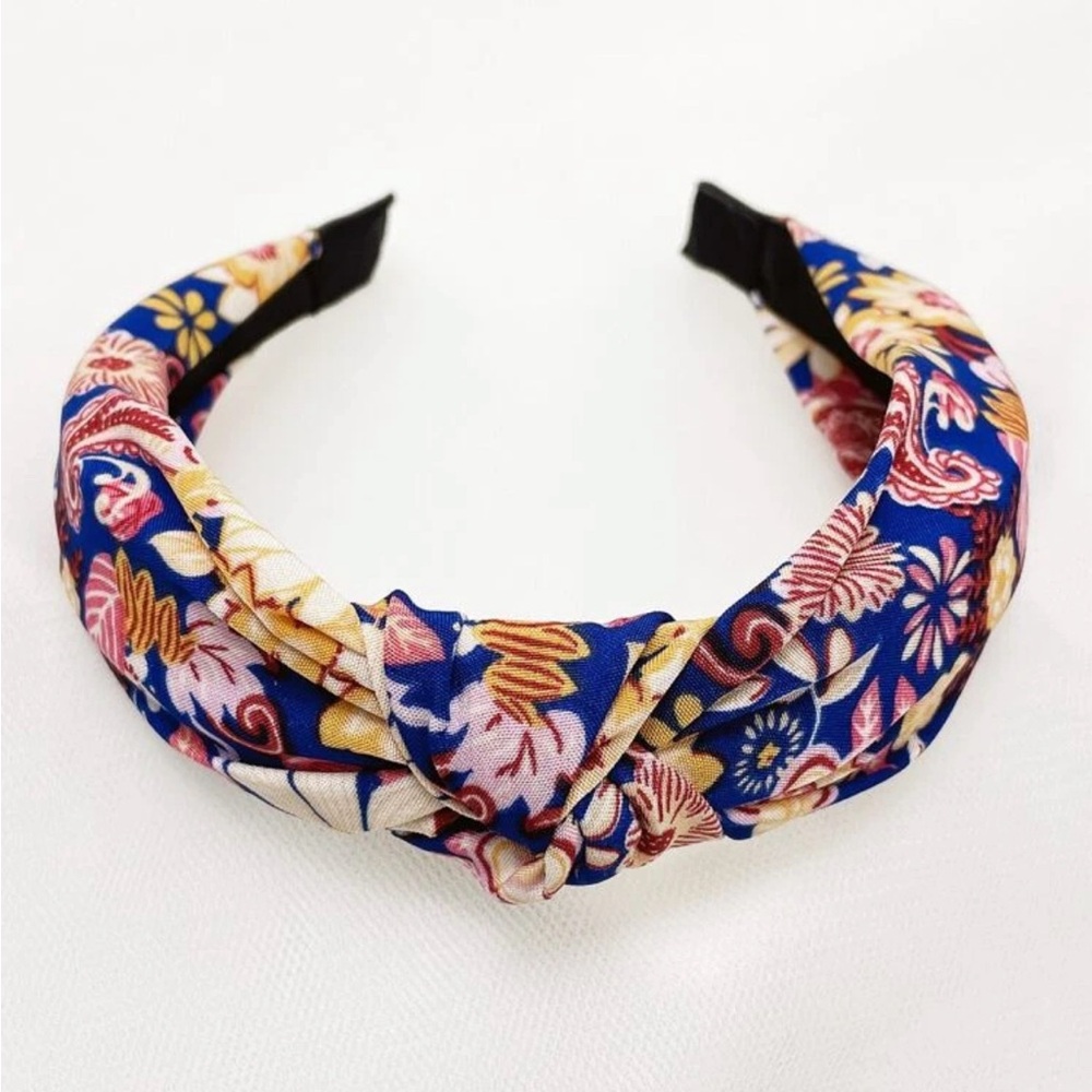 Blue Floral Silky Top Knot Headband for Women Formal Summer Event Headband - NEW